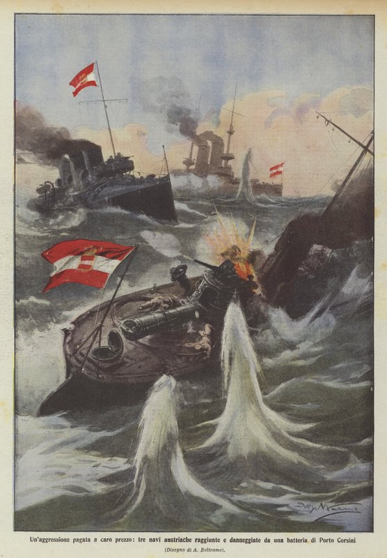 Une agression payée cher, trois navires autrichiens atteints et endommagés par une batterie de Porto Corsini - Achille Beltrame