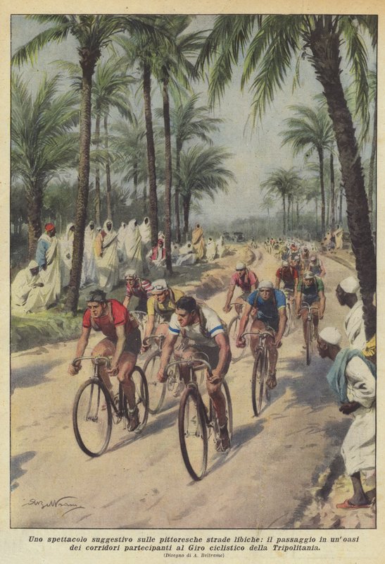 Un spectacle suggestif sur les routes pittoresques libyennes, le passage dans une oasis des coureurs - Achille Beltrame