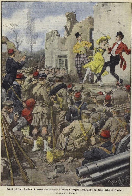 Artistes de variétés des théâtres londoniens divertissant les troupes britanniques dans les camps en France - Achille Beltrame