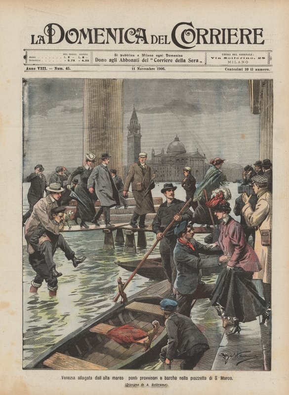 Venise inondée par la marée haute, ponts provisoires et bateaux sur la place Saint-Marc - Achille Beltrame