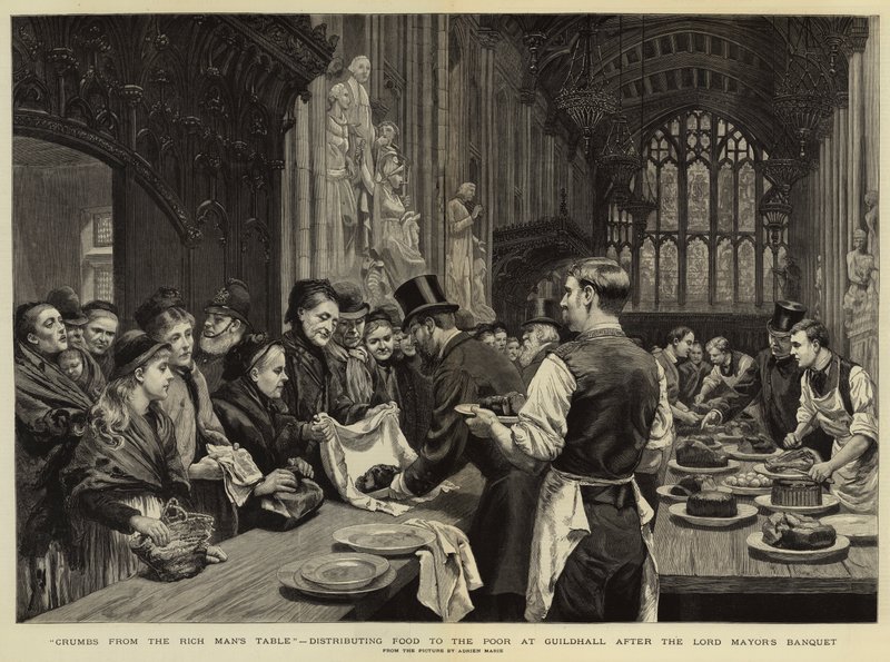 Miettes de la table du riche, distribution de nourriture aux pauvres à Guildhall après le banquet du Lord Maire - Adrien Emmanuel Marie