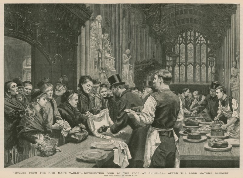 Distribution de nourriture aux pauvres à Guildhall après le banquet du Lord Maire (gravure) - Adrien Emmanuel Marie