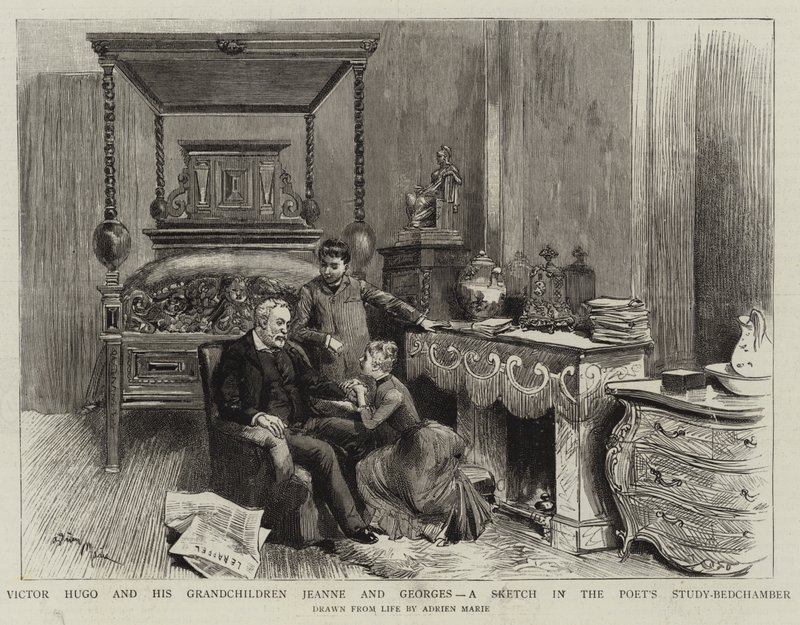 Victor Hugo et ses petits-enfants Jeanne et Georges, une esquisse dans le cabinet d