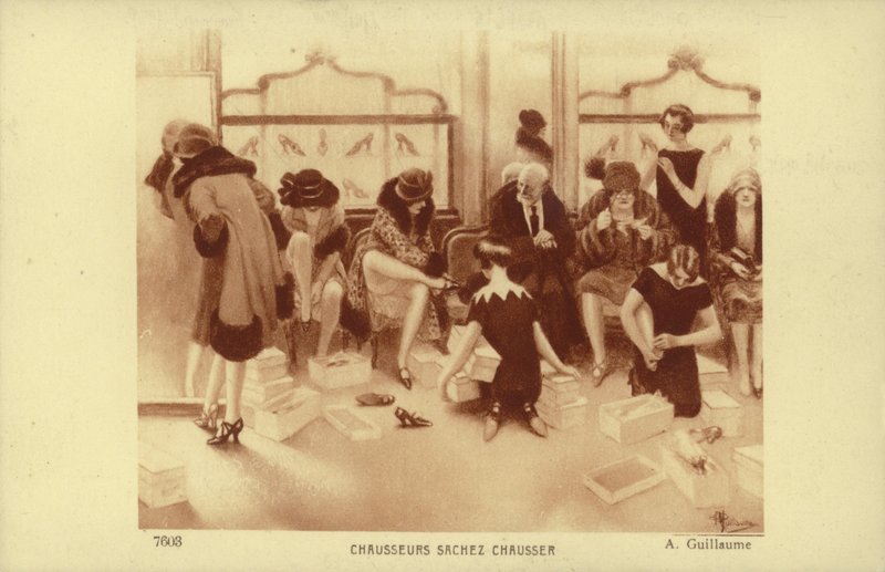Femmes essayant des chaussures dans un magasin de chaussures - Albert Guillaume
