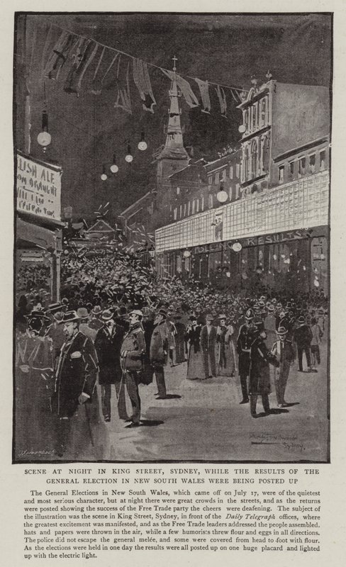 Scène de nuit dans King Street, Sydney, pendant que les résultats des élections générales en Nouvelle-Galles du Sud étaient affichés - Albert Henry Fullwood