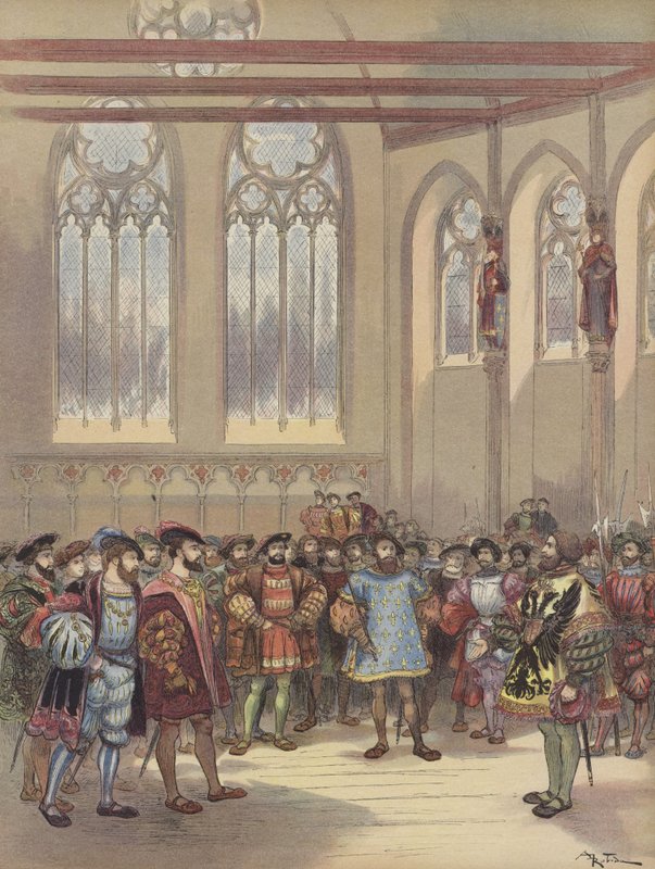 Le héraut Bourgogne, envoyé par Charles-Quint, est reçu par François Ier en la grande salle du Parlement - Albert Robida