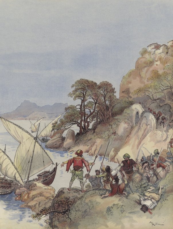 Les Barbaresques terrorisent le littoral de la Méditerranée, enlevant les habitants pour les vendre comme esclaves - Albert Robida