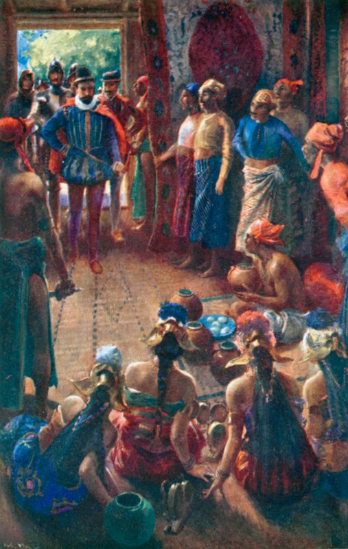 Magellan rendant visite au roi de Sebu (lithographie couleur) - Alec Ball