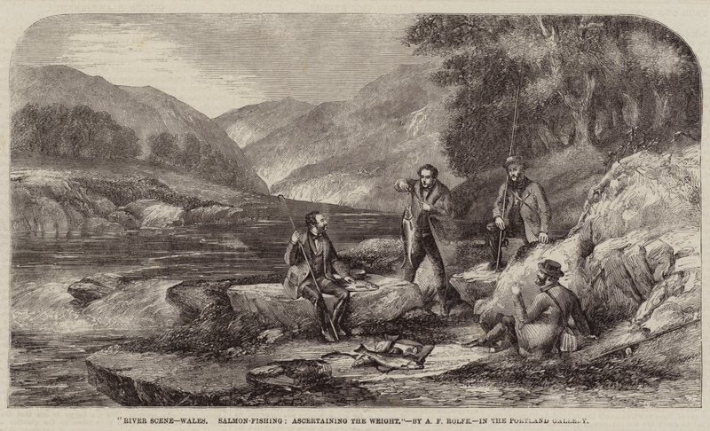 Scène de rivière, Pays de Galles, pêche au saumon, détermination du poids - Alexander Rolfe