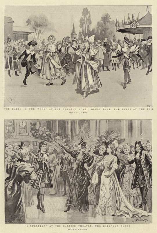 Les enfants dans les bois au Theatre Royal, Drury Lane, les enfants à la foire, Cendrillon au Garrick Theatre, la scène du bal - Alexander Stuart Boyd