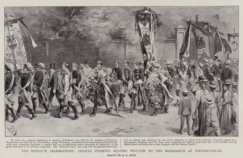 Les célébrations de Bismarck, étudiants allemands portant des couronnes au mausolée de Friedrichsruh - Alexander Stuart Boyd