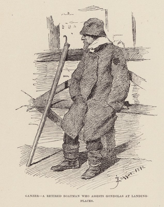 Ganzer, un batelier retraité qui aide les gondoles aux débarcadères (gravure) - Alezzandro Zezzos
