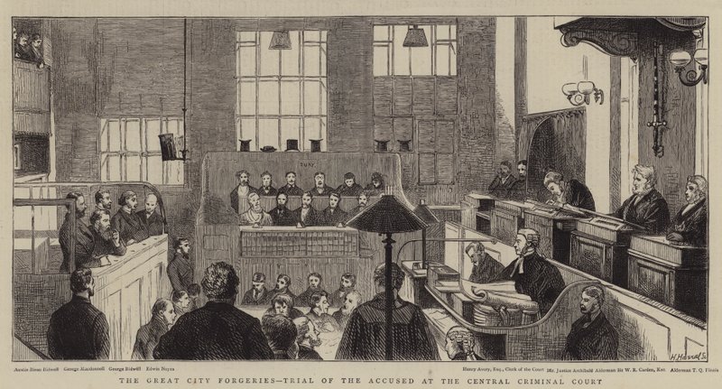 Les grandes falsifications de la ville, procès des accusés à la Cour criminelle centrale - Alfred Chantrey Corbould