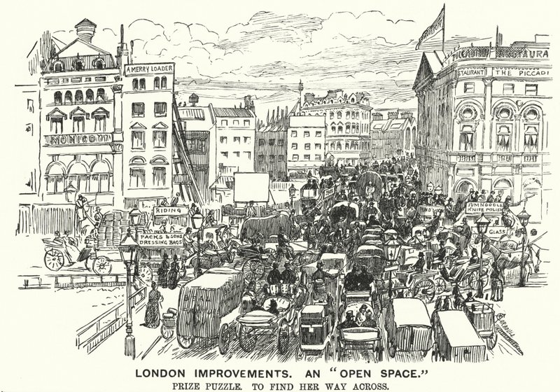 Caricature de Punch : Améliorations de Londres. Un "espace ouvert" - congestion du trafic dans le Londres victorien (gravure) - Alfred Chantrey Corbould