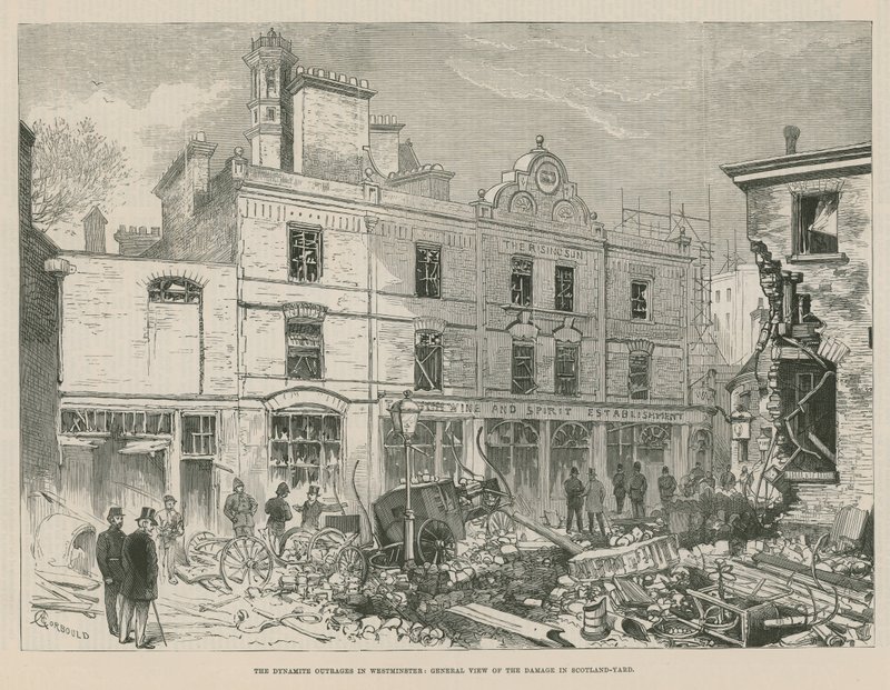 Les attentats à la dynamite à Westminster; Vue générale des dégâts à Scotland Yard - Alfred Chantrey Corbould