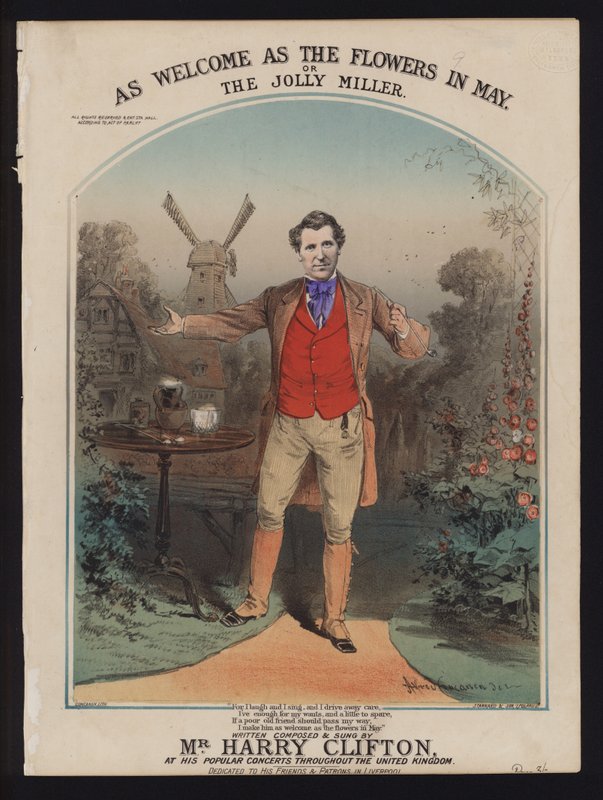 Aussi bienvenu que les fleurs de mai, ou Le joyeux meunier, composé et chanté par Harry Clifton, couverture de musique victorienne - Alfred Concanen