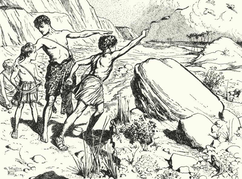 Hannibal et ses frères apprenant à lancer des pierres avec une fronde - Alfred Wallis Mills