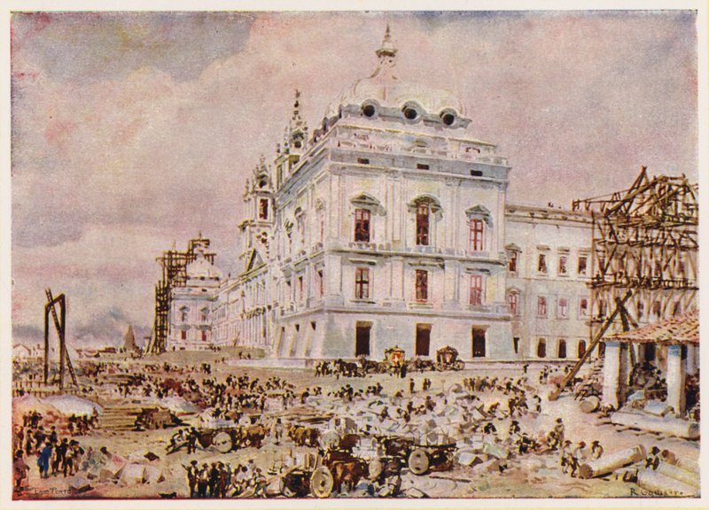 Construction du Palais-Convent de Mafra, Portugal (lithographie en couleur) - Alfredo Roque Gameiro