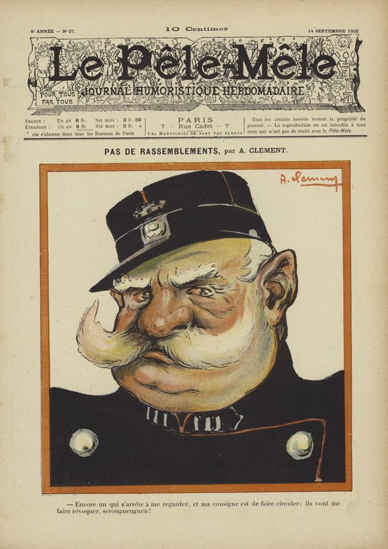 Pas de rassemblements. Illustration pour Le Pêle-Mêle, 1902 - Aline Clement