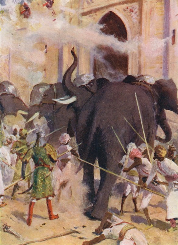 Les éléphants de guerre chargent les portes du fort d