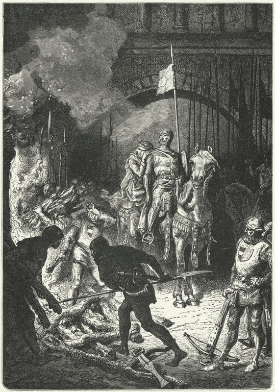El Cid, accompagné de sa femme Dona Jimena, supervise la construction du bûcher funéraire d