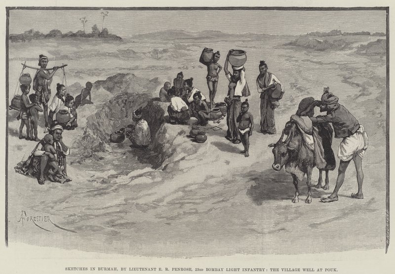 Croquis en Birmanie, par le lieutenant E R Penrose, 23e infanterie légère de Bombay, le puits du village à Pouk - Amedee Forestier