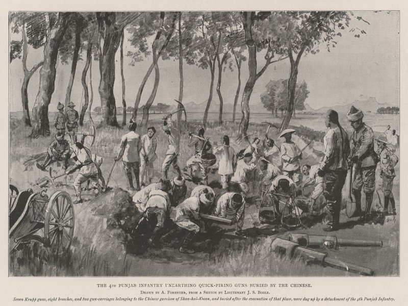 La 4e infanterie du Pendjab déterrant des canons à tir rapide enterrés par les Chinois - Amedee Forestier