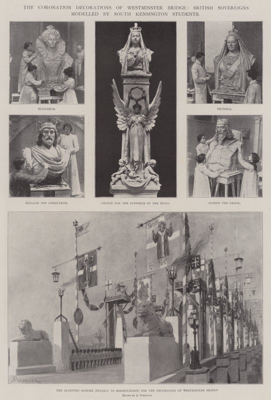 Les décorations de couronnement du pont de Westminster, souverains britanniques modelés par les étudiants de South Kensington - Amedee Forestier