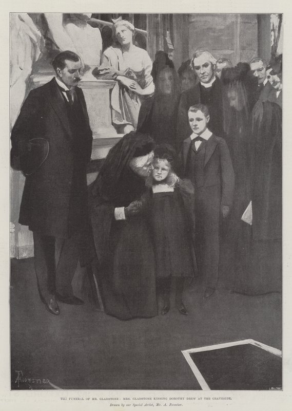 Les funérailles de M. Gladstone, Mme Gladstone embrassant Dorothy Drew au bord de la tombe - Amedee Forestier