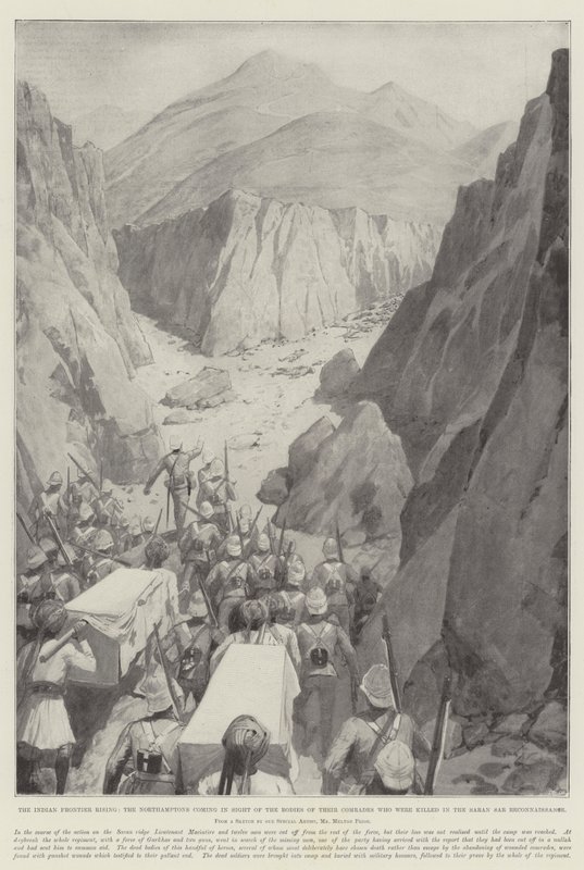 Le soulèvement de la frontière indienne, les Northamptons apercevant les corps de leurs camarades tués lors de la reconnaissance de Saran Sar - Amedee Forestier