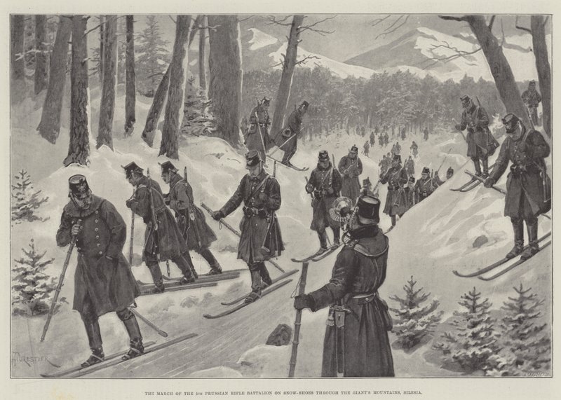 La marche du 5e bataillon de fusiliers prussiens en raquettes à travers les montagnes du Géant, Silésie - Amedee Forestier