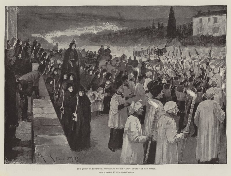 La reine à Florence, procession du Gesu Morto à San Felice - Amedee Forestier