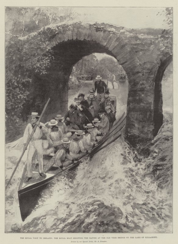 La visite royale en Irlande, le bateau royal franchissant les rapides au pont Old Weir sur le lac de Killarney - Amedee Forestier