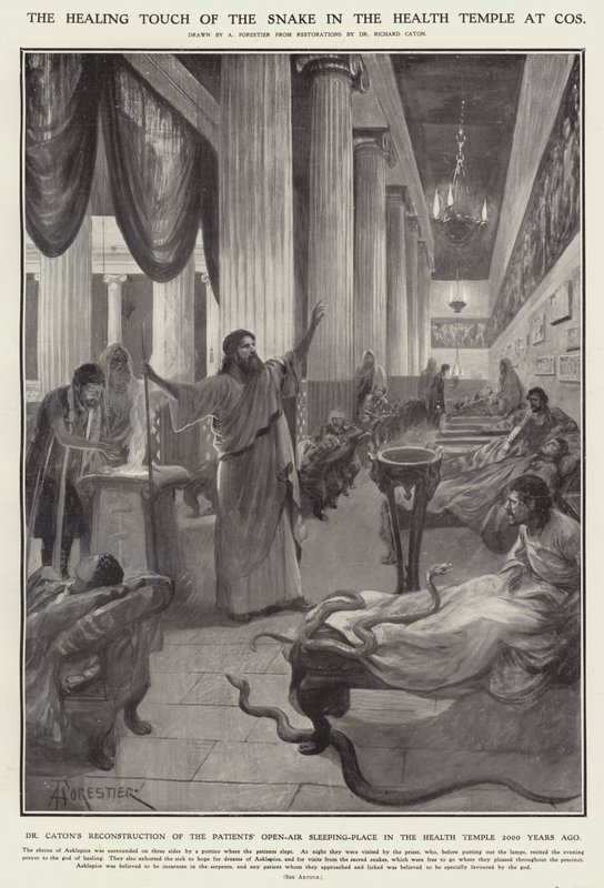 Le toucher guérisseur du serpent dans le temple de la santé à Cos - Amedee (after) Forestier