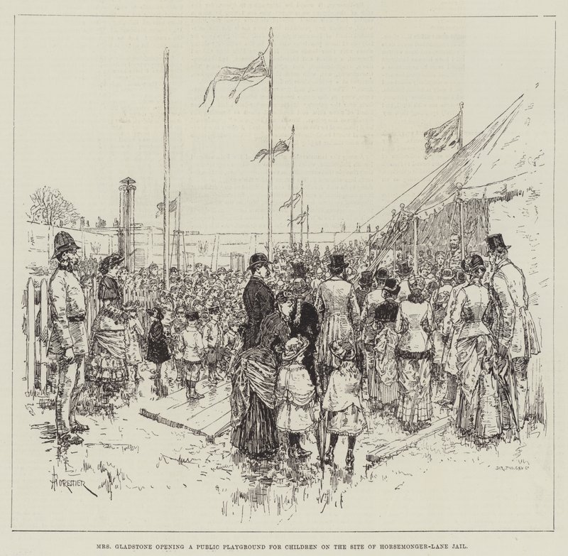 Mme Gladstone ouvrant une aire de jeux publique pour enfants sur le site de la prison de Horsemonger-Lane - Amedee Forestier