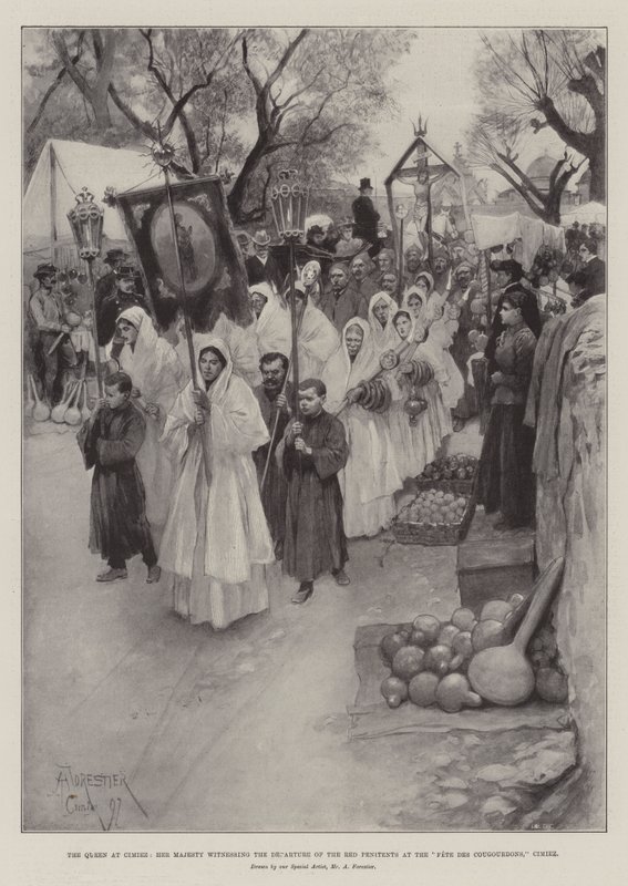 La reine à Cimiez, Sa Majesté assistant au départ des Pénitents rouges à la Fête des Cougourdons, Cimiez - Amedee Forestier