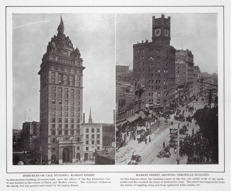 San Francisco : Spreckles ou Call Building, Market Street ; Market Street, montrant le Chronicle Building (photo n/b) - American Photographer (after)