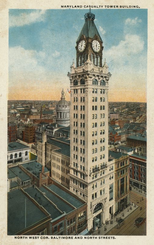 Baltimore, MA : Maryland Casualty Tower Building, angle nord-ouest des rues Baltimore et North (photo couleur) - American Photographer
