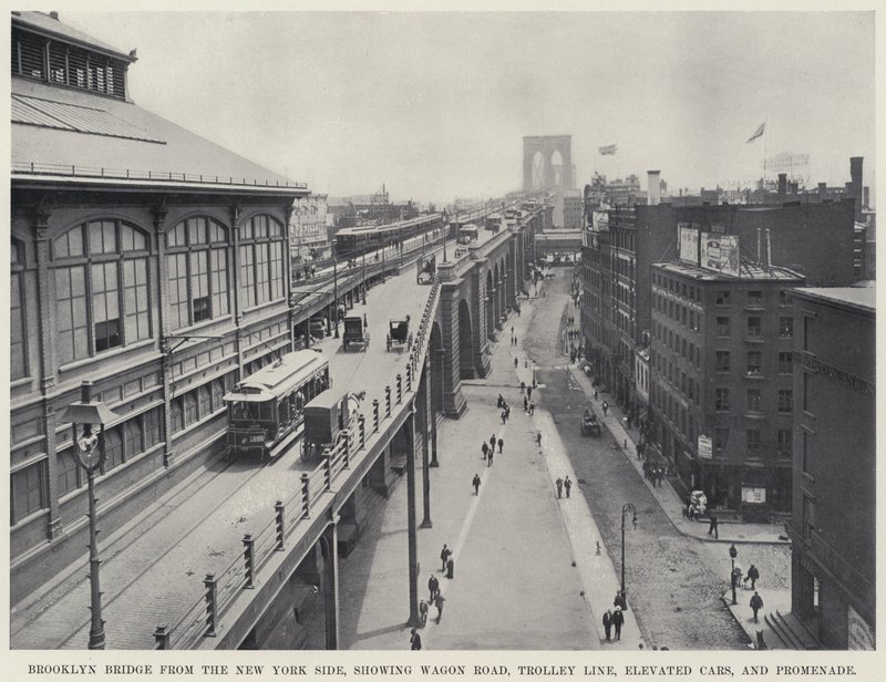 Pont de Brooklyn depuis le côté de New York, montrant la route des wagons, la ligne de tramway, les voitures surélevées et la promenade - American Photographer