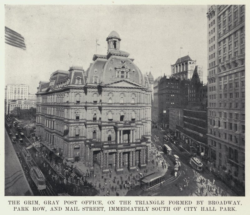 Le sinistre bureau de poste gris, sur le triangle formé par Broadway, Park Row et Mail Street, immédiatement au sud de City Hall Park - American Photographer