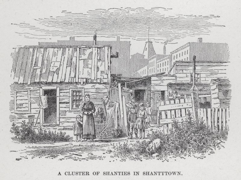Un groupe de cabanes dans Shantytown (lithographie) - American School