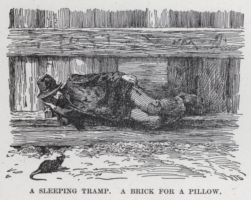 Un vagabond endormi, une brique pour oreiller (lithographie) - American School