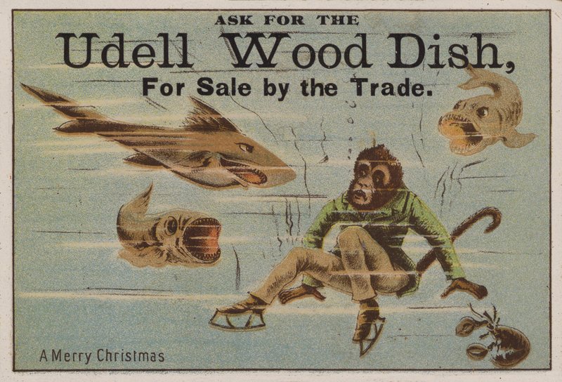 Joyeux Noël, carte de commerce faisant la publicité des plats en bois Udell - American School