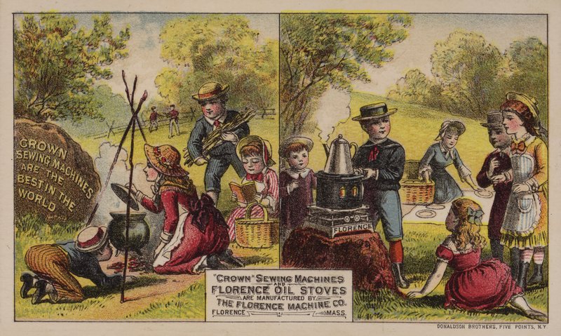 Carte publicitaire américaine pour les machines à coudre et les poêles à huile fabriqués par la Florence Machine Company, Massachusetts, vers 1880 - American School