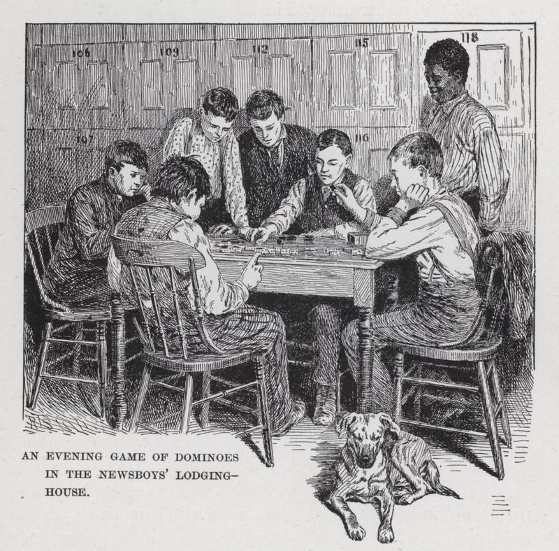 Une partie de dominos en soirée dans le foyer des vendeurs de journaux (lithographie) - American School