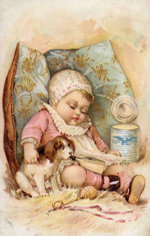 Bébé avec chiot buvant au biberon, publicité pour le lait conservé - American School