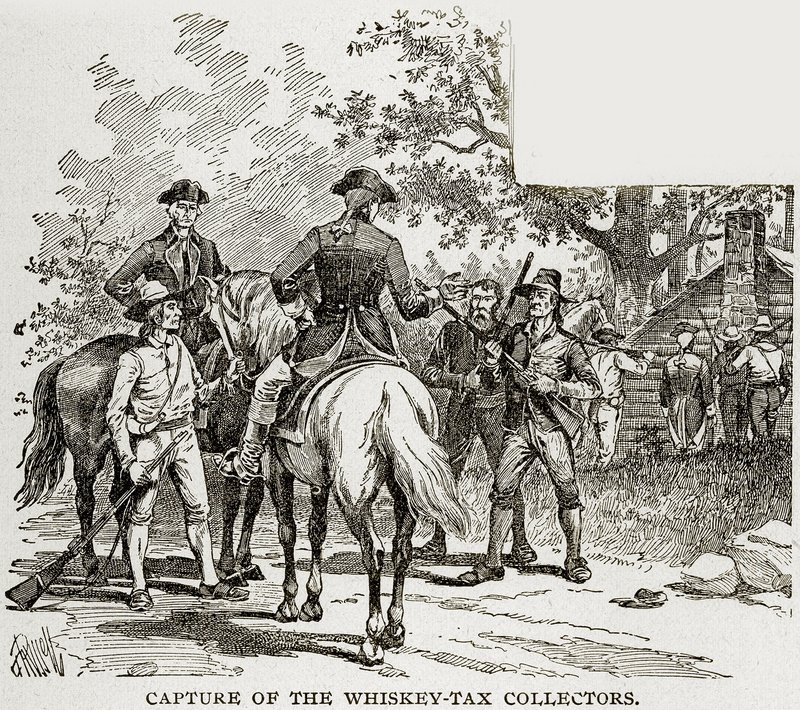 Capture des collecteurs de la taxe sur le whisky, illustration de Columbus et Columbia, c.1893 - American School