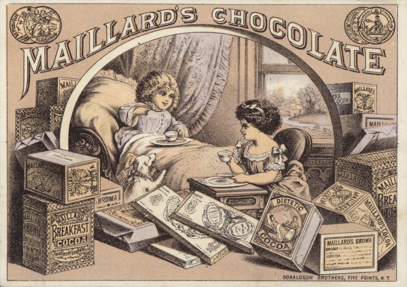 Enfants buvant du chocolat, publicité pour le chocolat Maillards - American School