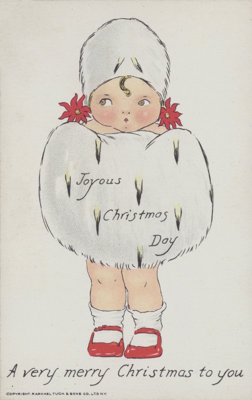 Carte de vœux de Noël représentant un enfant avec un manchon et un chapeau en fourrure de Noël. (chromolitho) - American School
