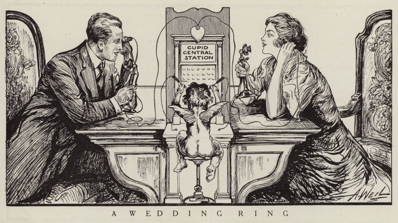 Cupidon orchestrant un appel téléphonique entre un homme et une femme (litho) - American School